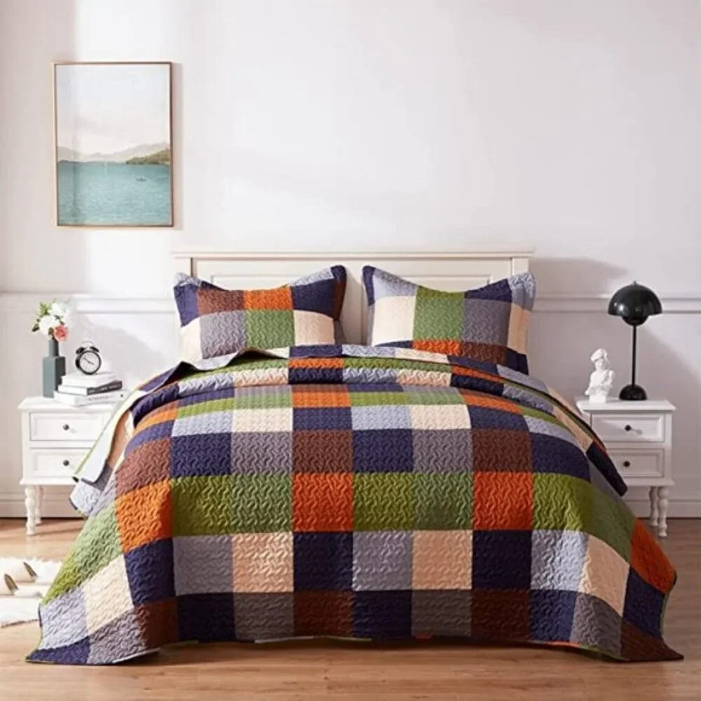 Patchwork Lightweight Reversible 3 Piece Twin Quilt Set | Checkered Pattern - Picture 1 of 8